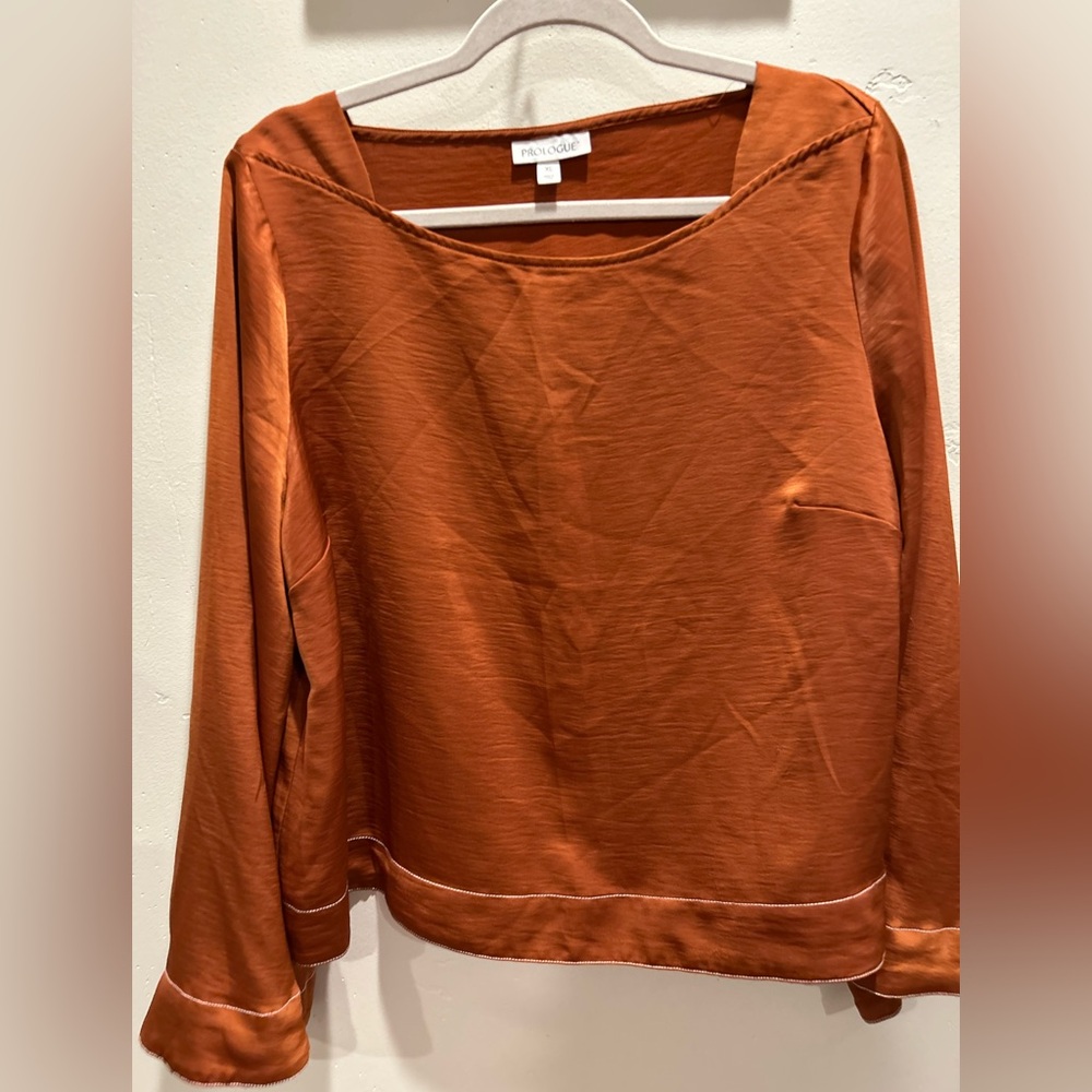 Prologue Women's Rust Satin Long Sleeve  Blouse Top Sz XL